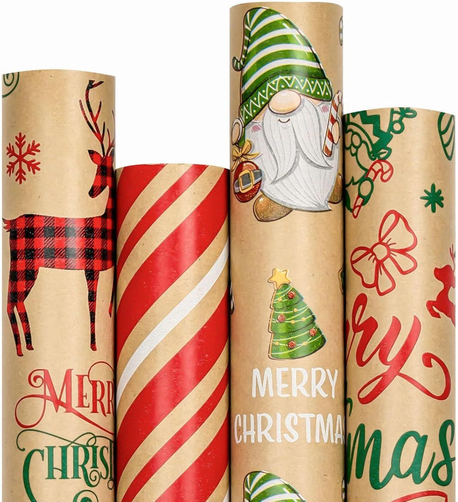 Christmas Wrapping Paper Jumbo Rolls - 30IN X 120IN - 4 Roll - Kraft Merry Christmas Reindeer Gnome Stripe for New Year Holiday Party Kids