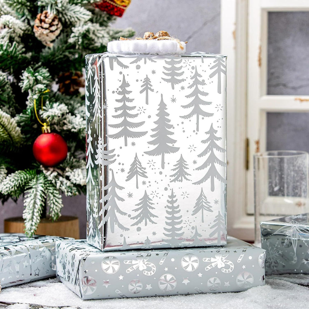 Christmas Wrapping Paper Jumbo Rolls with Gridlines - 30IN X 120IN - 4 Roll - Christmas Tree Snowflakes Candy Cane for New Year Holiday Party Kids