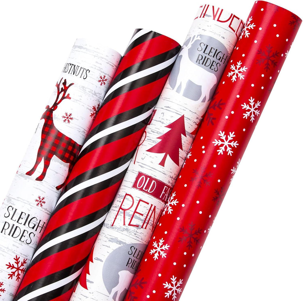 Christmas Wrapping Paper Jumbo Rolls with Gridlines - 30IN X 120IN - 4 Roll - Christmas Tree Snowflakes Reindeer Stripe for New Year Holiday Party Kids