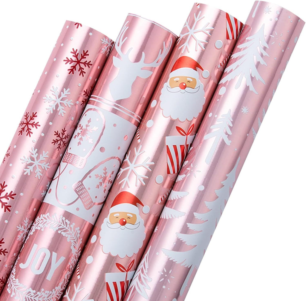 Christmas Wrapping Paper Jumbo Rolls with Gridlines - 30IN X 120IN - 4 Roll-Christmas Tree Santa Claus Snowflakes Reindeer Joyful for New Year Holiday Kids