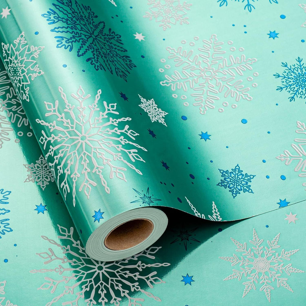 Christmas Wrapping Paper Roll - 17 Inch X 33 Feet - Festive Blue Snowflake Gift Holiday Pattern Foil Wrapping Paper Sheets Winter Gift Wrap for Wedding, Party, Birthday & Festive Decoration