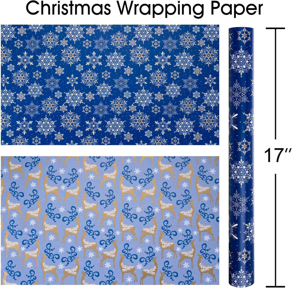 Christmas Wrapping Paper Roll - 17 Inch X 33 Feet - Navy Blue Christmas Snowflake Reversible Gold Reindeer Gift Wrapping Paper, Thick Wrap Paper for Holiday Party New Year Kids