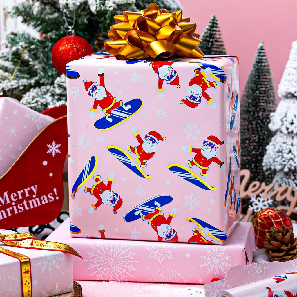 Christmas Wrapping Paper Roll - 17 Inch X 33 Feet - Skiing Santa Claus Gift Wrapping Paper Reversible Snowflake Thick Wrap Paper for Holiday Party New Year Kids