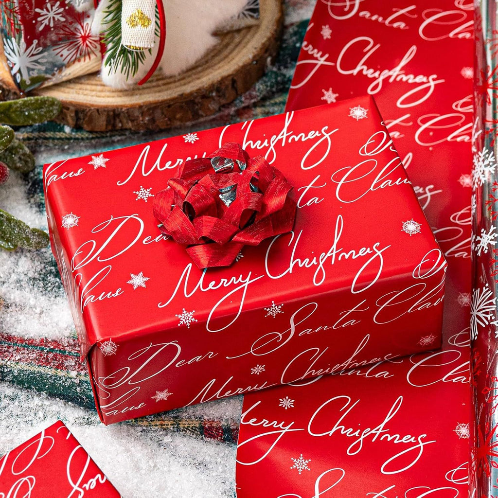 Christmas Wrapping Paper Roll - 17IN X 33FT - Christmas Gift Wrapping Paper Featuring Red and White Snowflake Against Silver Reversible Merry for Kids, Holiday, New Year