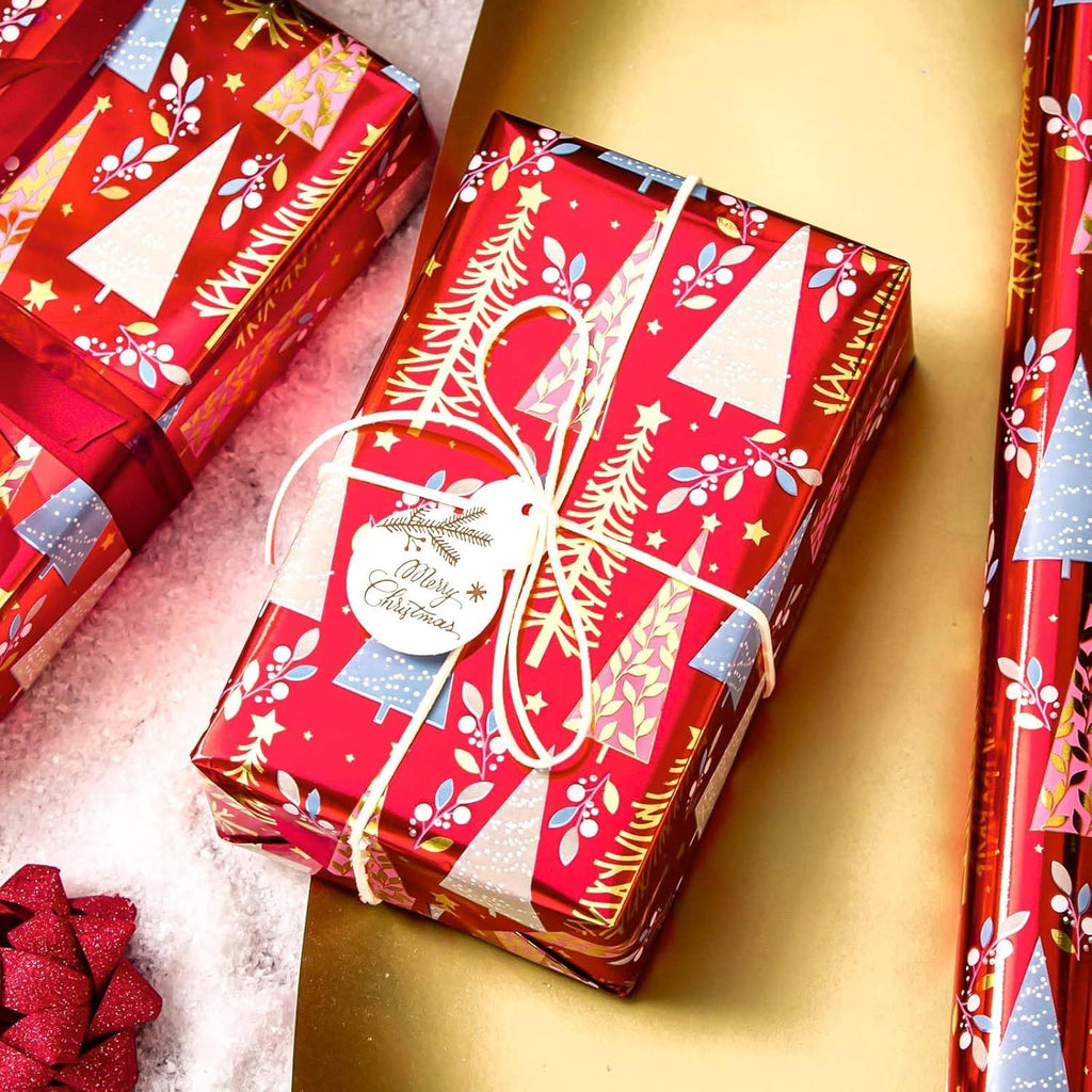 Christmas Wrapping Paper Roll - 17IN X 33FT - Christmas Gift Wrapping Paper Featuring Triangle Tree Against Red Reversible Gold for Kids, Holiday, New Year