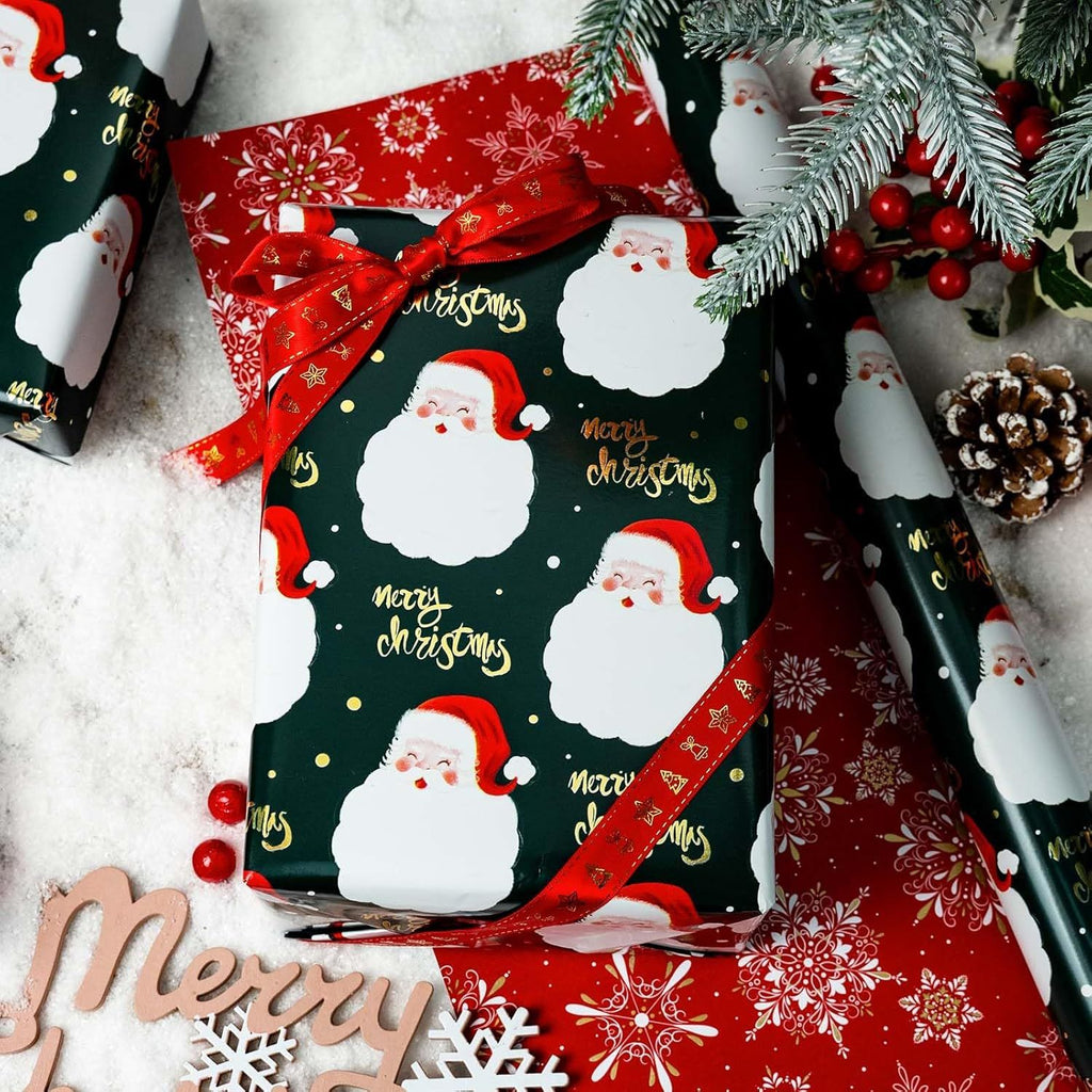 Christmas Wrapping Paper Roll - 17IN X 33FT - Green Gift Wrap Paper Featuring Santa Claus Gold Merry Christmas Reversible Snowflake for Kids, Holiday, New Year