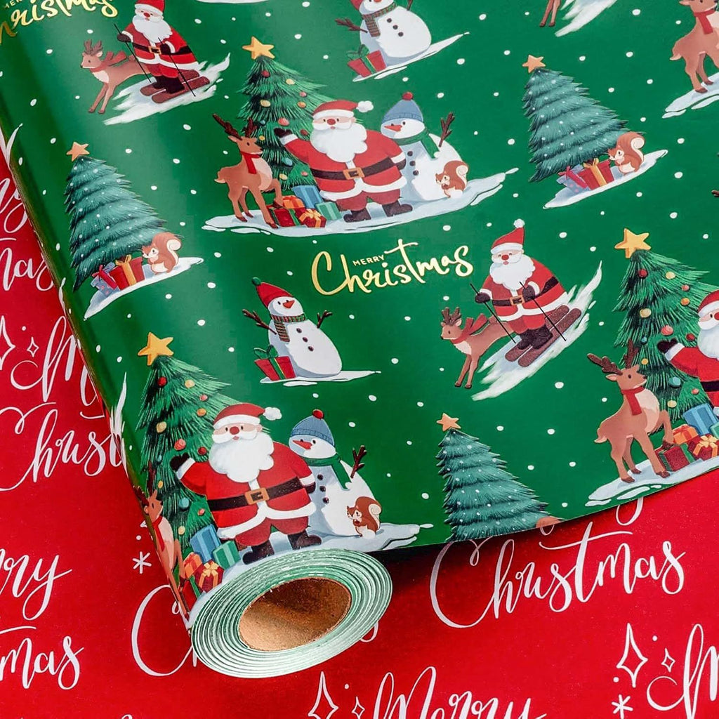 Christmas Wrapping Paper Roll - 17IN X 33FT - Green Santa Gift Wrapping Paper Featuring Christmas Tree Santa Claus Snowman Reindeer Reversible Red for Kids, Holiday, New Year