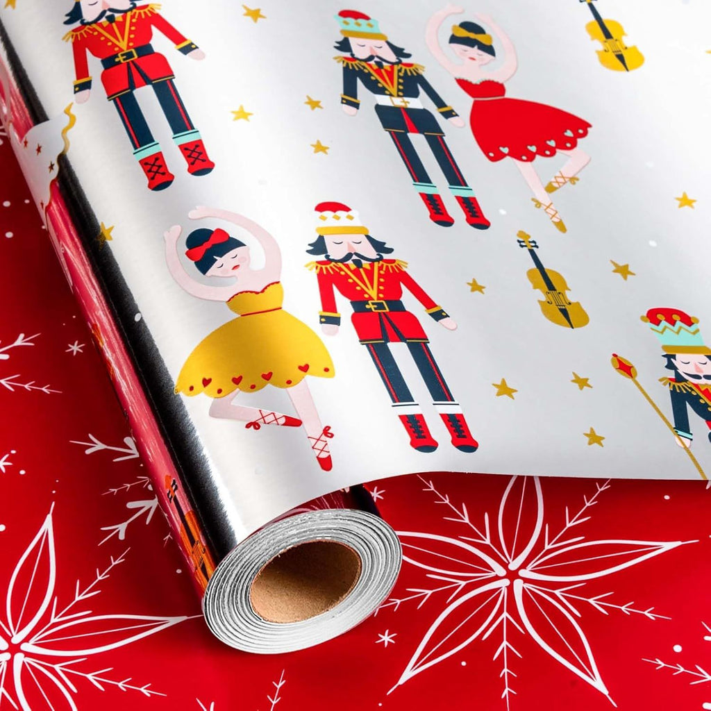 Christmas Wrapping Paper Roll - 17IN X 33FT - Nutcracker Gift Wrapping Paper Featuring Ballet Guitar Gold Star Reversible Snowflake for Kids, Holiday, New Year