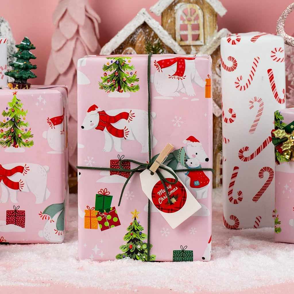 Christmas Wrapping Paper Roll - 17IN X 33FT - Pink Gift Wrap Paper Featuring Christmas Tree Polar Bear Scarf Hat Reversible Candy Cane for Kids, Holiday, New Year