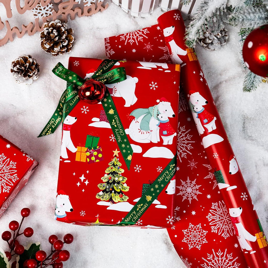 Christmas Wrapping Paper Roll - 17IN X 33FT - Red Gift Wrap Paper Featuring Christmas Tree Polar Bear Scarf Hat Reversible Snowflake for Kids, Holiday, New Year