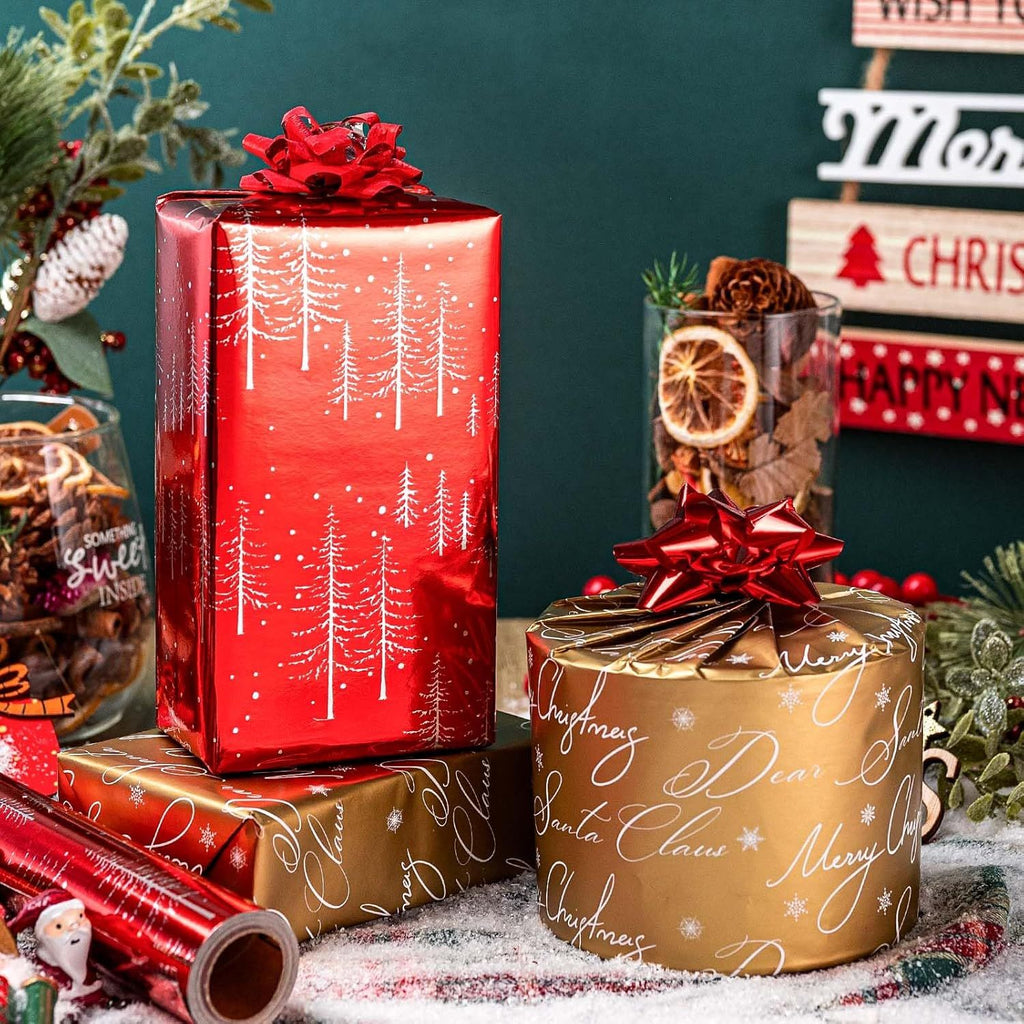 Christmas Wrapping Paper Roll - 17IN X 33FT - Reversible Christmas Gift Wrapping Paper Featuring Tree Against Red for Kids, Holiday, New Year