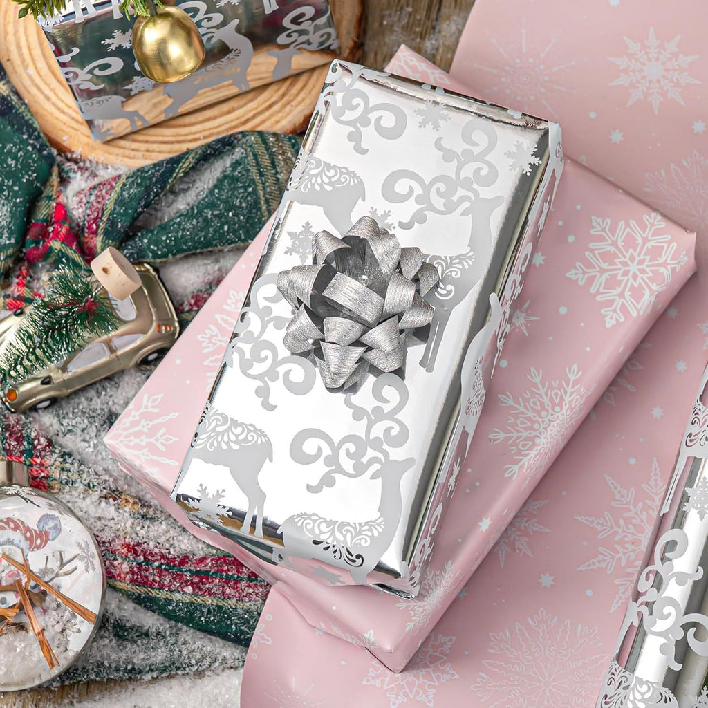 Christmas Wrapping Paper Roll - 17IN X 33FT - Santa Claus Gift Wrapping Paper Featuring Merry Christmas Snowflake Reversible HO for Kids, Holiday, New Year