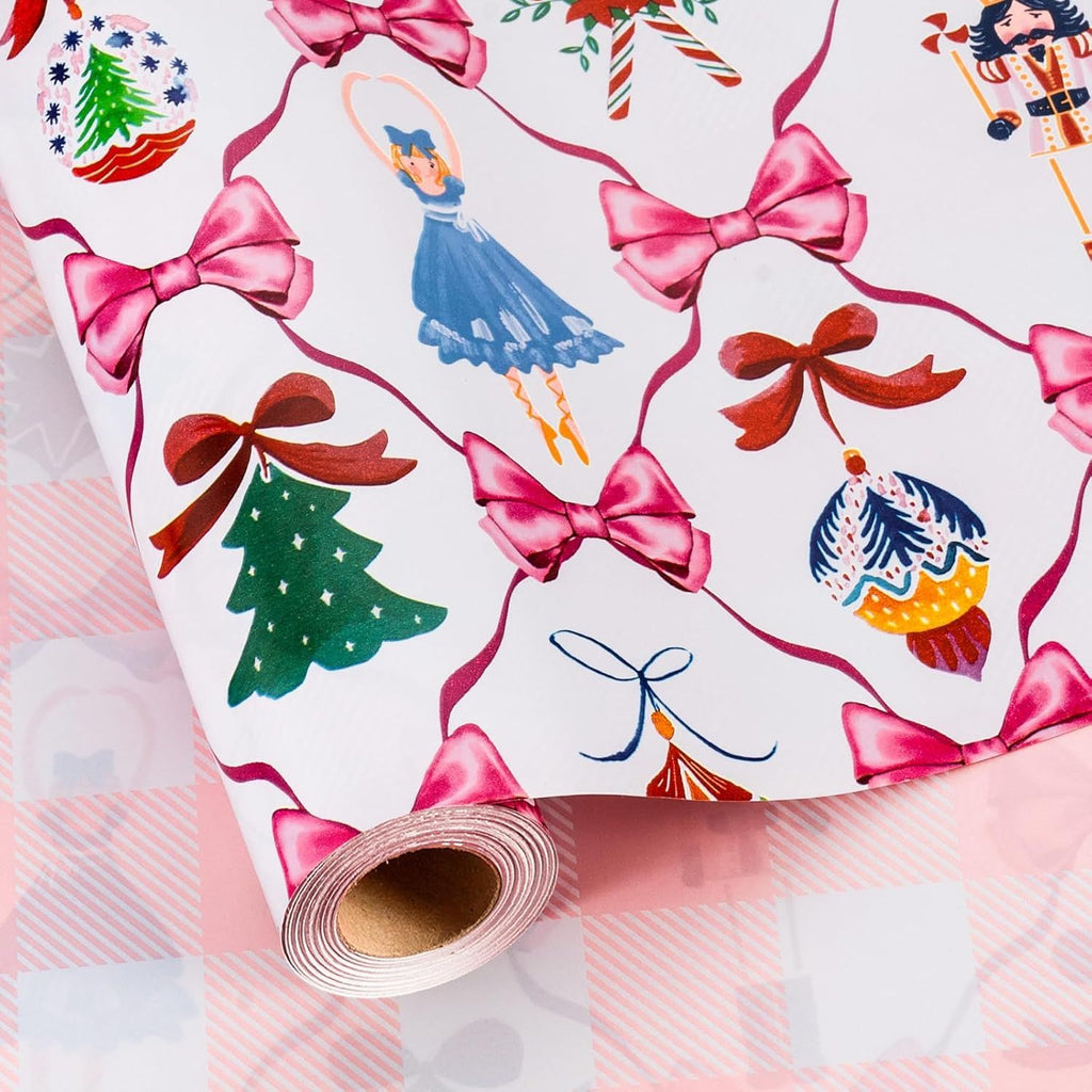 Christmas Wrapping Paper Roll - 17IN X 33FT - White Nutcracker Wrap Paper Featuring Christmas Tree Bell Bow Holly Candy Cane Reversible Plaid for Girl, Holiday, New Year