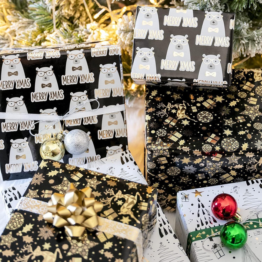 Christmas Wrapping Paper Roll - Mini Roll - 17 inch X 120 inch Per roll - 3 Different Black Gold Bear Design (42.3 sq.ft.ttl)
