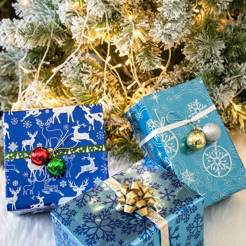 Christmas Wrapping Paper Roll - Mini Roll - 17 inch X 120 inch Per roll - 3 Different Blue Design with Glitter Metallic Foil Shine (42.3 sq.ft.ttl)