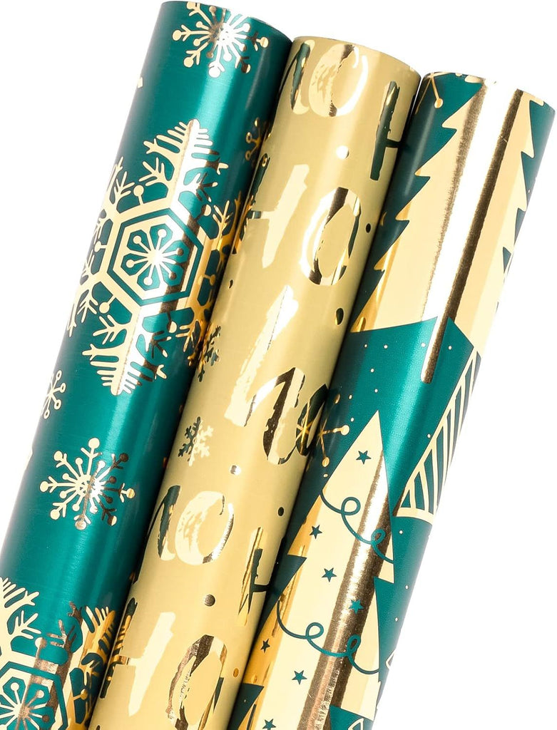 Christmas Wrapping Paper Roll - Mini Roll - 17 inch X 120 inch Per roll - 3 Different Dark Green with Glitter Metallic Foil Design(42.3 sq.ft.ttl) for Party St.Patrick's Day