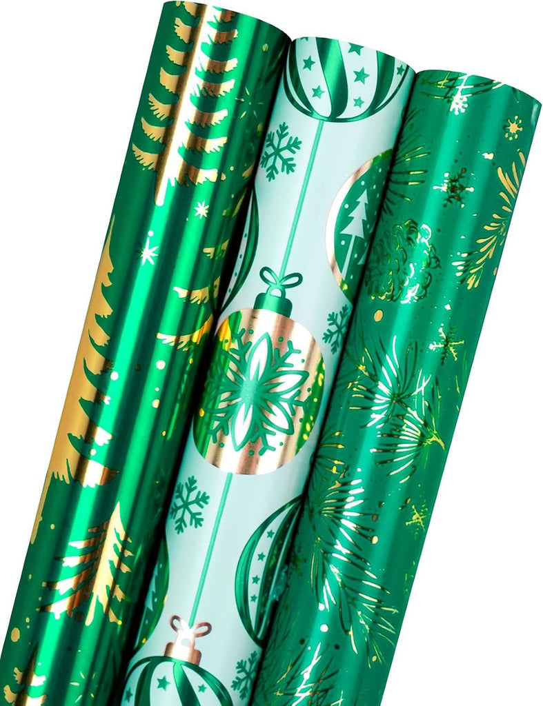 Christmas Wrapping Paper Roll - Mini Roll - 17 inch X 120 inch Per roll - 3 Different Green Design with Glitter Metallic Foil Shine (42.3 sq.ft.ttl)