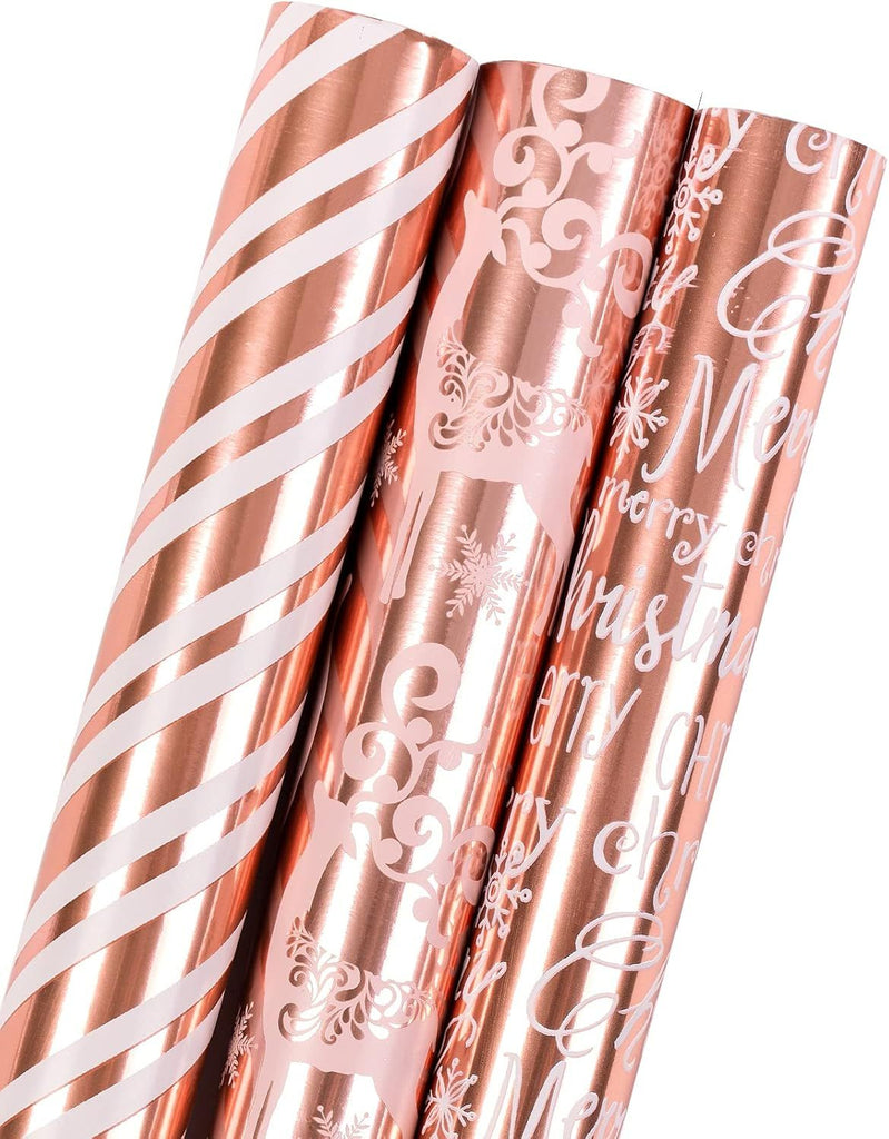 Christmas Wrapping Paper Roll - Mini Roll - 17 inch X 120 inch Per roll - 3 Different Rose Gold Design with Glitter Metallic Foil Shine (42.3 sq.ft.ttl)