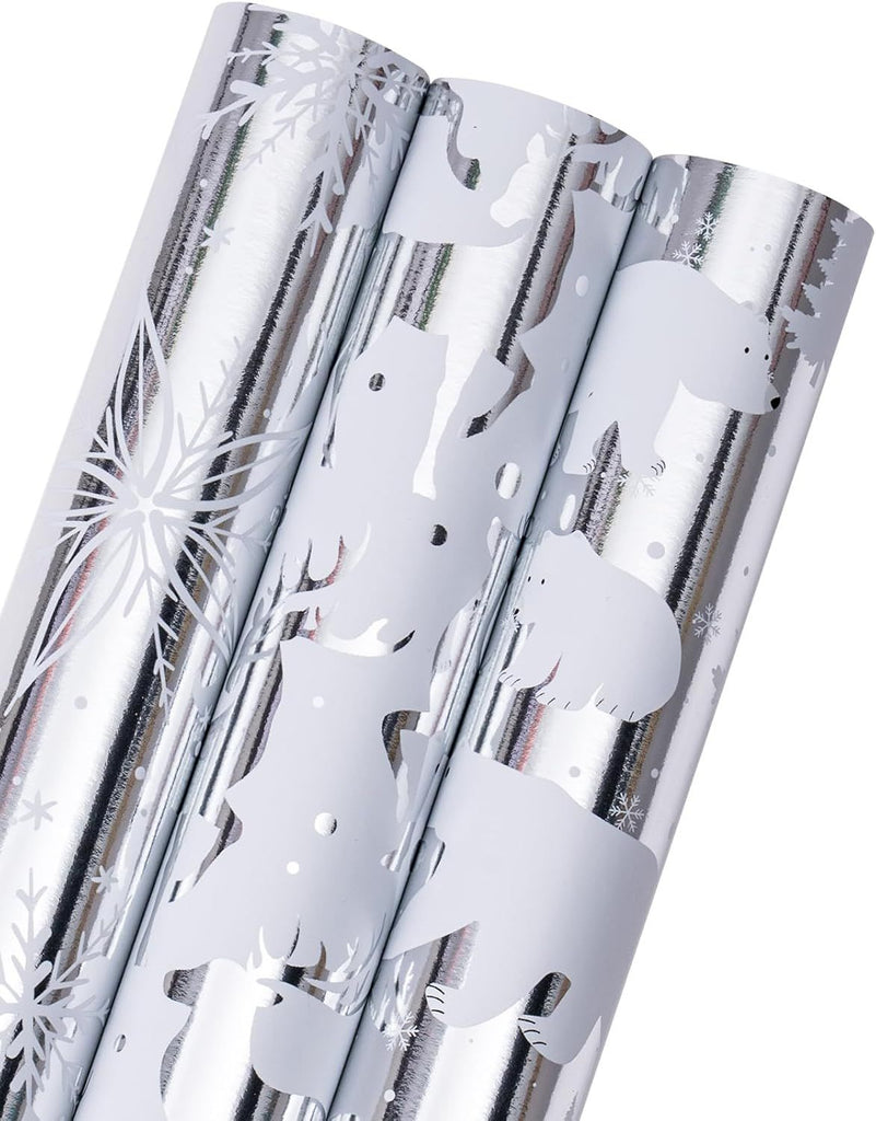 Christmas Wrapping Paper Roll - Mini Roll - 17 inch X 120 inch Per roll - Silver Bear, Snowflkes with Glitter Gold Foil Design(42.3 sq.ft.ttl)
