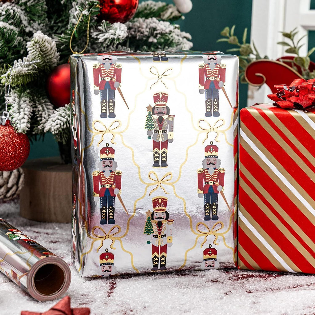 Christmas Wrapping Paper Roll - Silver Metallic Foil Shine Nutcracker and Bows & Stripe Design, Reversible Gift Wrap for Christmas, New Year Celebration - Mini Roll - 17 Inch x 33 Feet