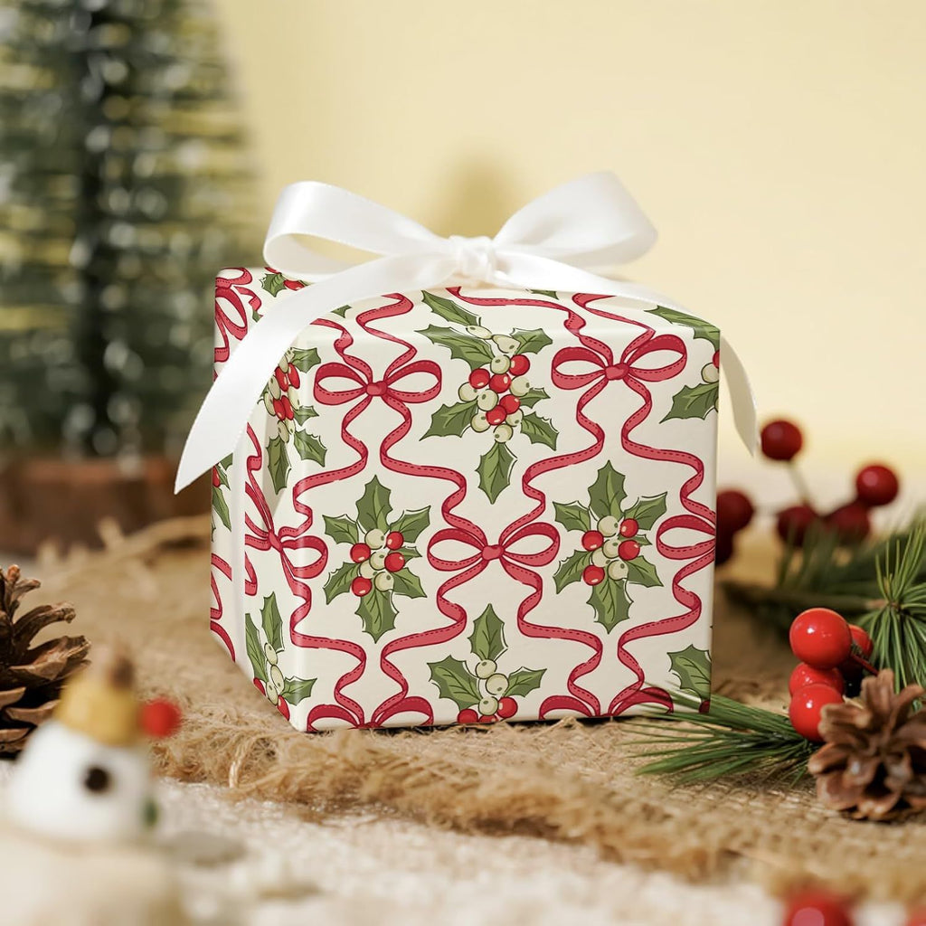Christmas Wrapping Paper Roll – 17 in x 16.4 ft Gift Wrap with Red Ribbon Bows & Holly Berry Festive Design for Holiday Presents & Party Decorations