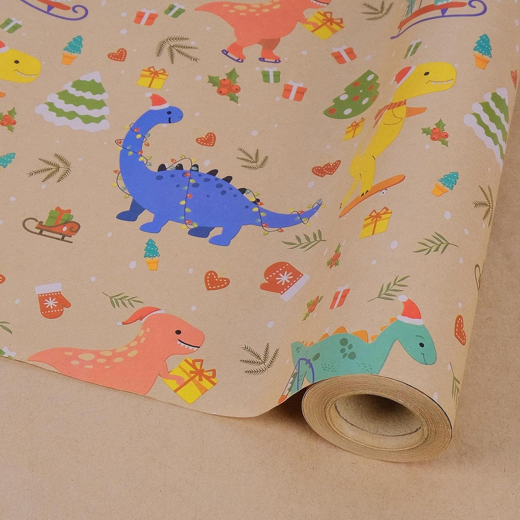 Christmas Wrapping Paper Rolls, Mini Roll - 17 Inch x 32 Feet Yellow, Blue, Red Dinosaurs Skiing on the Snow Design for Christmas, Holiday Party Gift Wrap