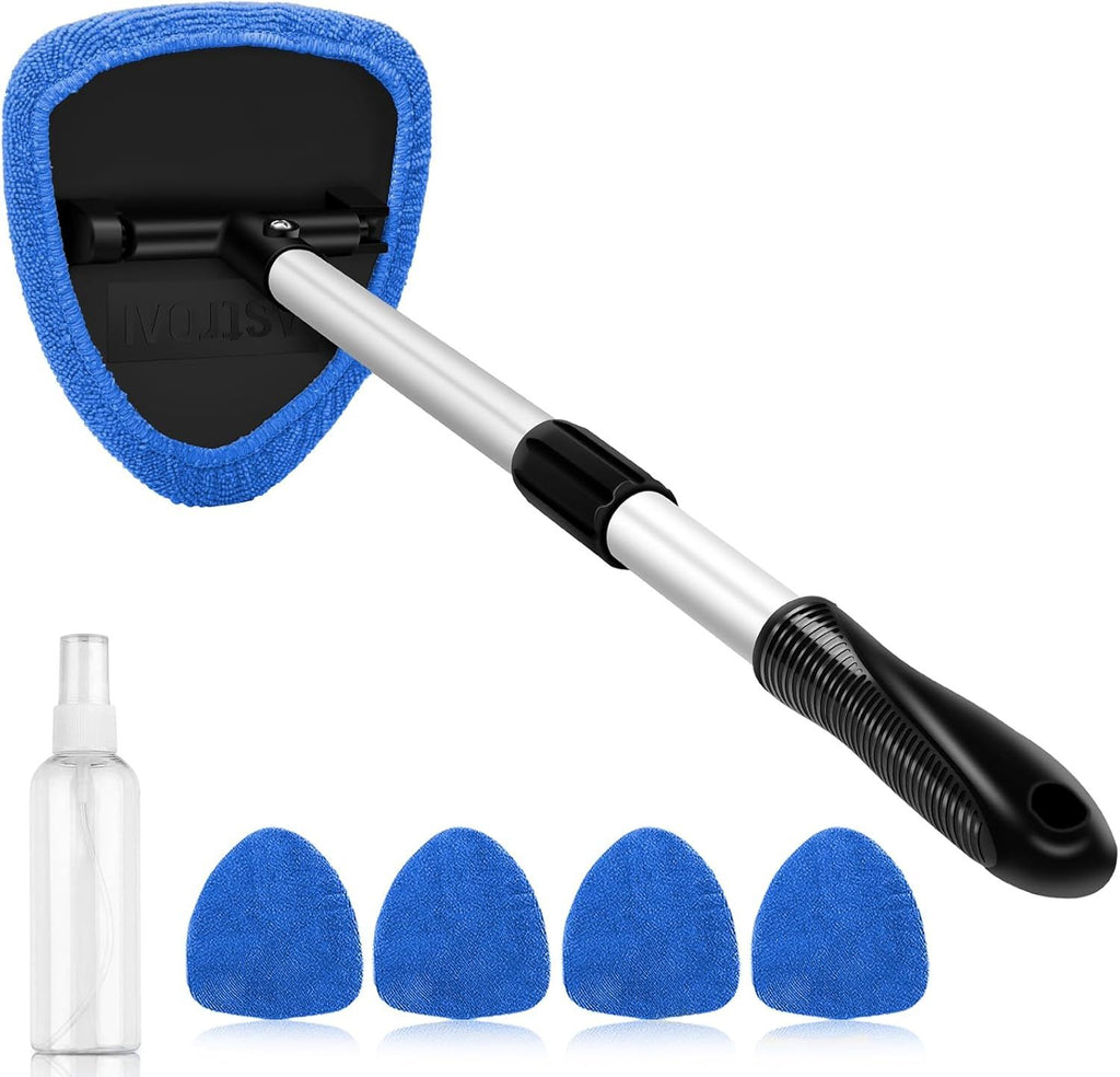 Cleaner Tool, Car Interior Detailing Cleaning Kit with Extendable Handle and 4 Upgraded High-Density Reusable Microfiber Pads, Auto Glass Wiper Brush Kit for Cars, Blue, 15.9in-21in