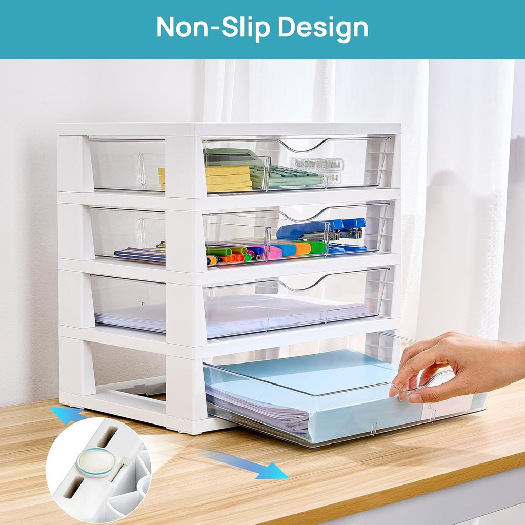 Clear Desk Organizer, 4-Tier Assemble Desktop File Organizer with Drawers, Office Desk Organization for Office Supplies