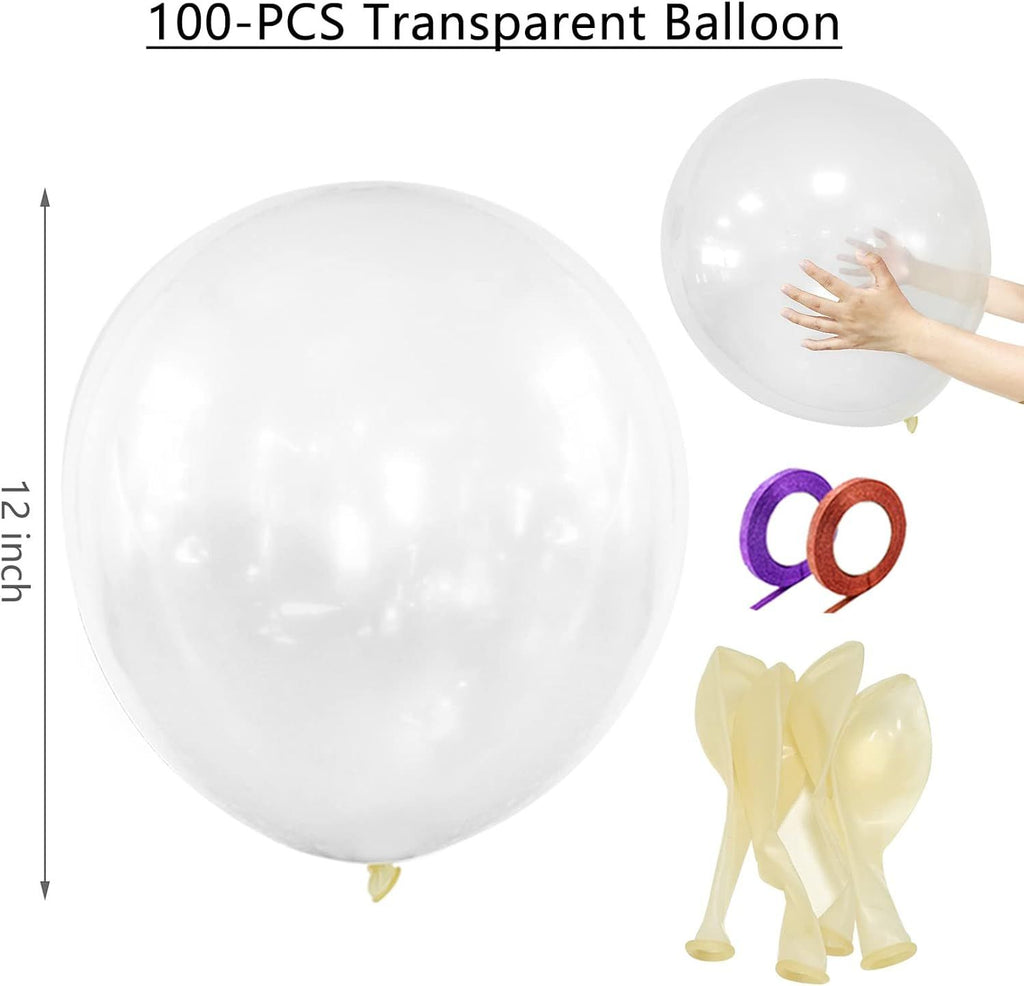 Clear Latex Balloons 100 Pack 12 Inch Transparent Party Balloons with 2 Rolls of Ribbon Clear Round Helium Balloons for Birthday Wedding Baby Shower Party Decorations Supplies (Transparent balloons)