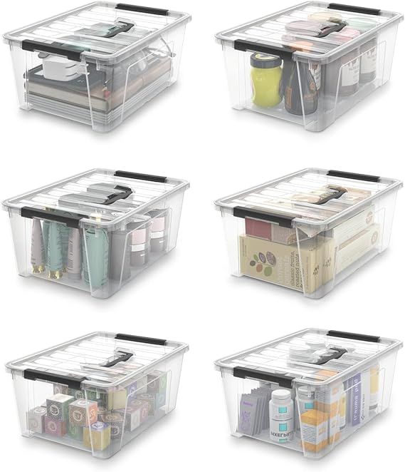 Clear Storage Latch Bins, 6-Pack Storage Organizer Box with Handle and Lids, 5-Litre