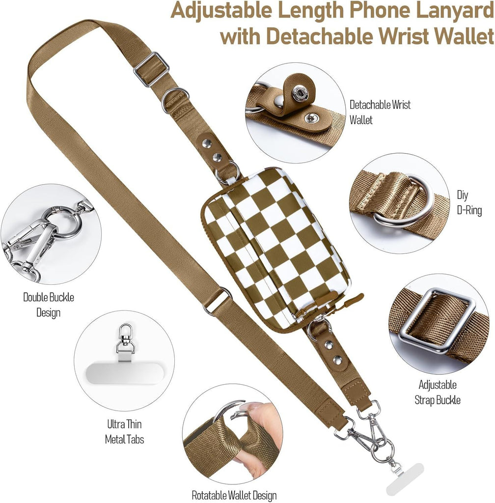 Clip and Go Strap for Phone with Wallet Crossbody Phone Lanyard and Detachable Checkered Bag with ID Window and RFID Pouch for Daily Travel.