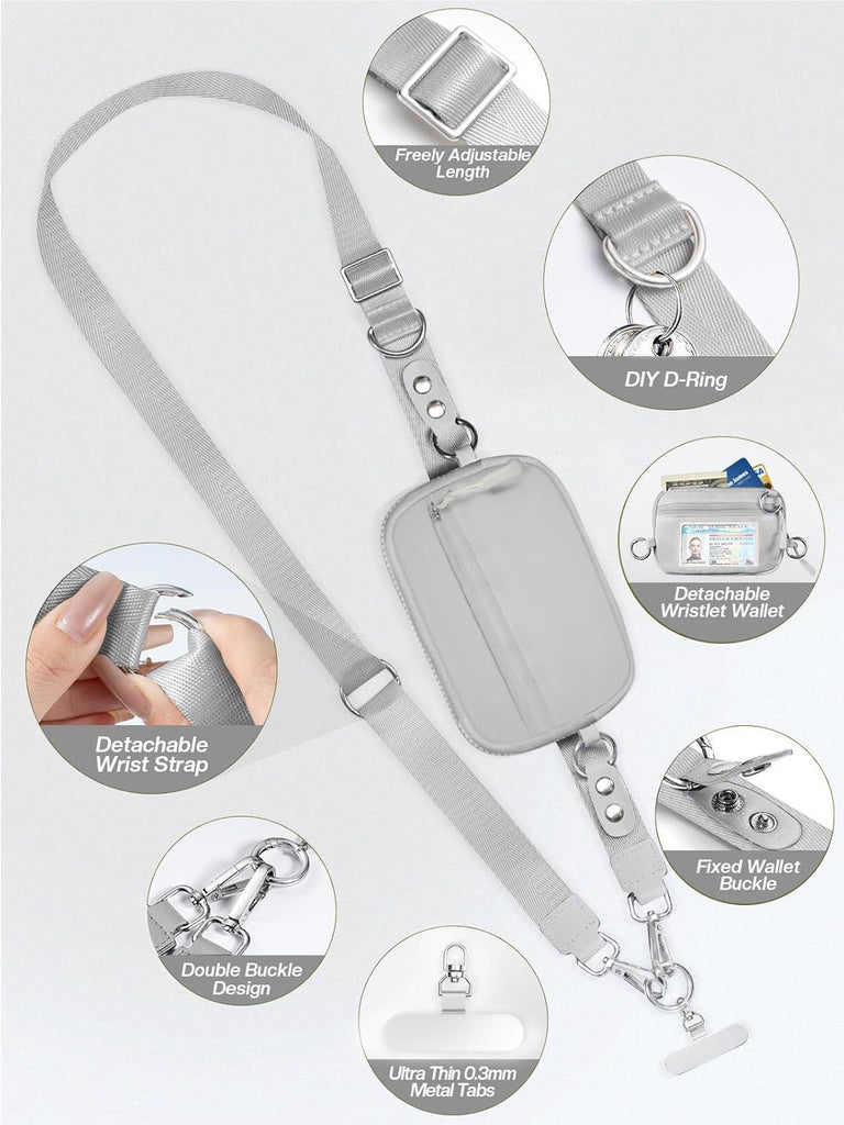 Clip and Go Strap for Phone with Wallet Crossbody Phone Lanyard and Detachable Checkered Bag with ID Window and RFID Pouch for Daily Travel.