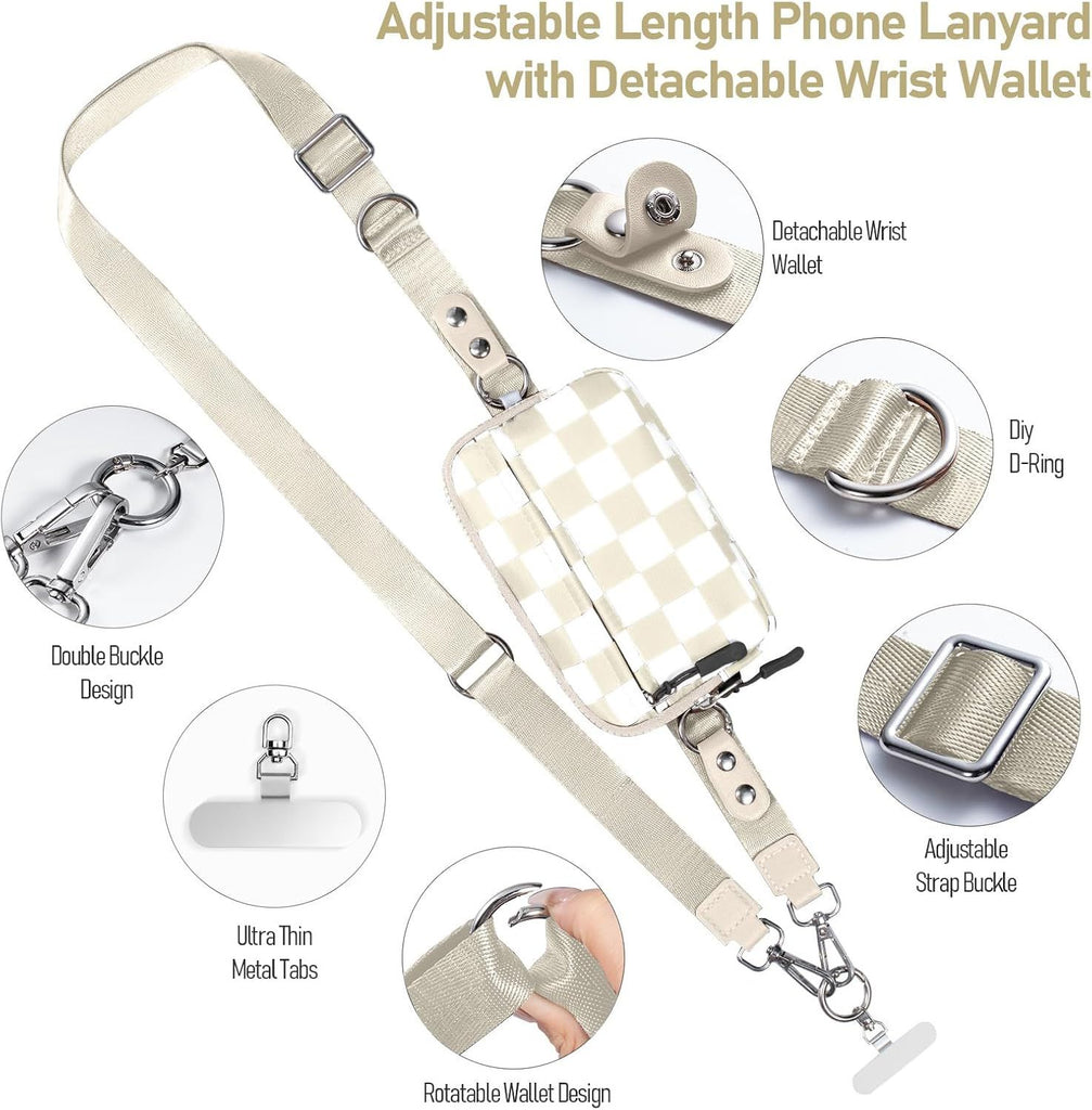 Clip and Go Strap for Phone with Wallet Crossbody Phone Lanyard and Detachable Checkered Bag with ID Window and RFID Pouch for Daily Travel.