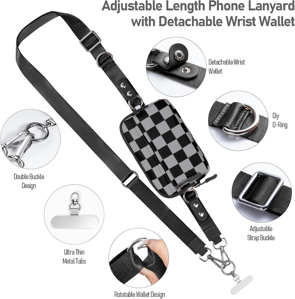 Clip and Go Strap for Phone with Wallet Crossbody Phone Lanyard and Detachable Checkered Bag with ID Window and RFID Pouch for Daily Travel.