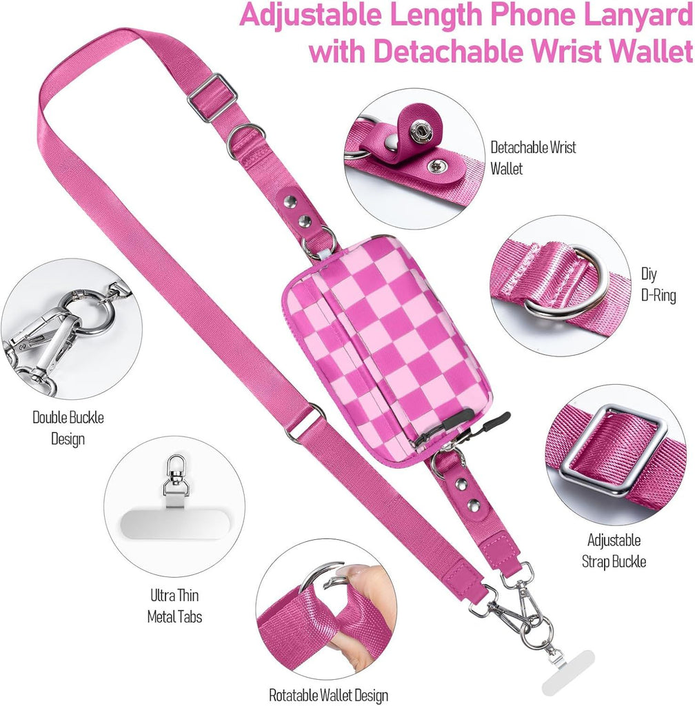 Clip and Go Strap for Phone with Wallet Crossbody Phone Lanyard and Detachable Checkered Bag with ID Window and RFID Pouch for Daily Travel.