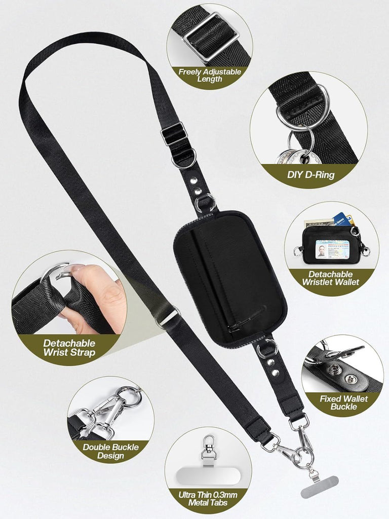 Clip and Go Strap for Phone with Wallet Crossbody Phone Lanyard and Detachable Checkered Bag with ID Window and RFID Pouch for Daily Travel.
