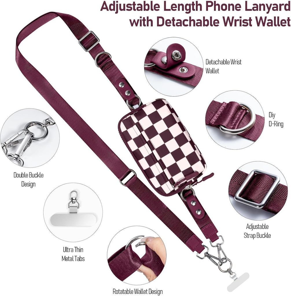 Clip and Go Strap for Phone with Wallet Crossbody Phone Lanyard and Detachable Checkered Bag with ID Window and RFID Pouch for Daily Travel.