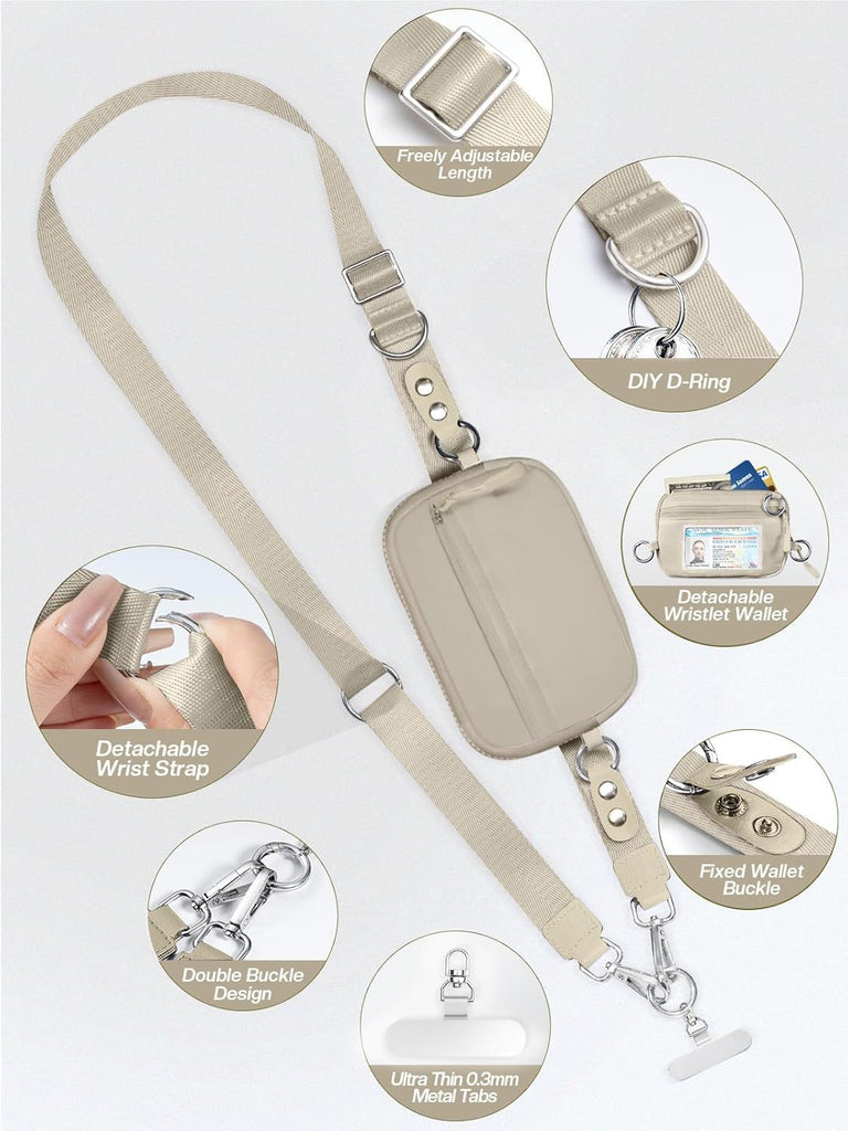 Clip and Go Strap for Phone with Wallet Crossbody Phone Lanyard and Detachable Checkered Bag with ID Window and RFID Pouch for Daily Travel.