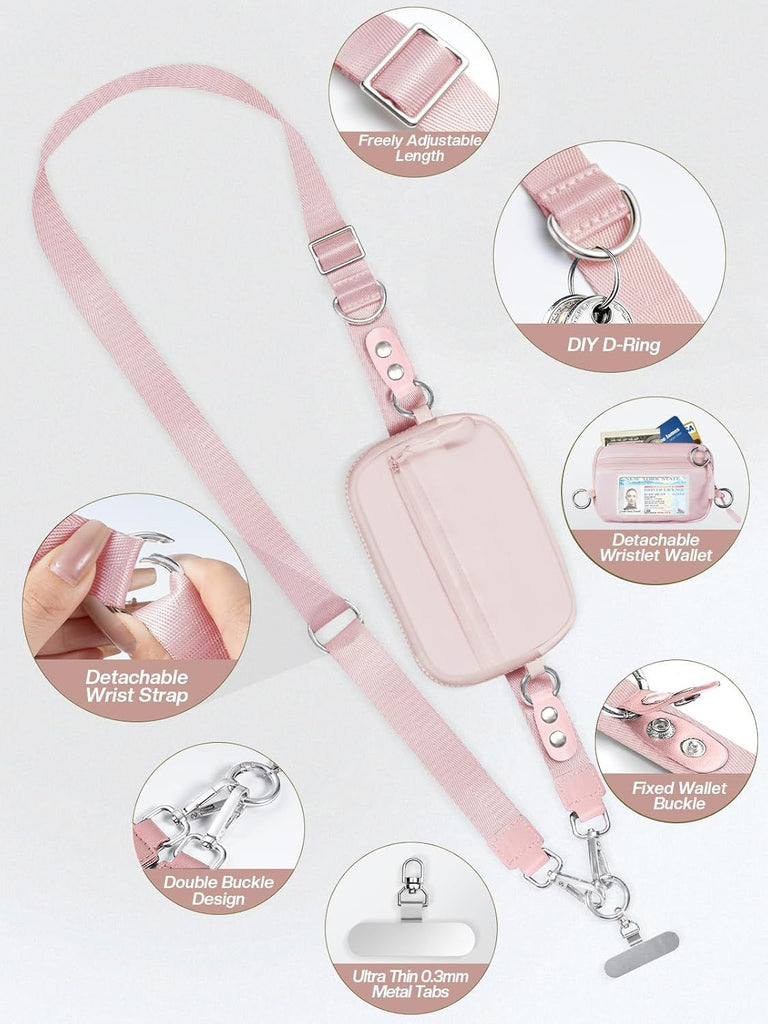 Clip and Go Strap for Phone with Wallet Crossbody Phone Lanyard and Detachable Checkered Bag with ID Window and RFID Pouch for Daily Travel.
