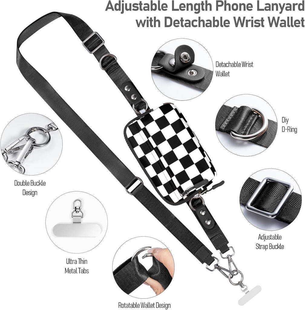 Clip and Go Strap for Phone with Wallet Crossbody Phone Lanyard and Detachable Checkered Bag with ID Window and RFID Pouch for Daily Travel.