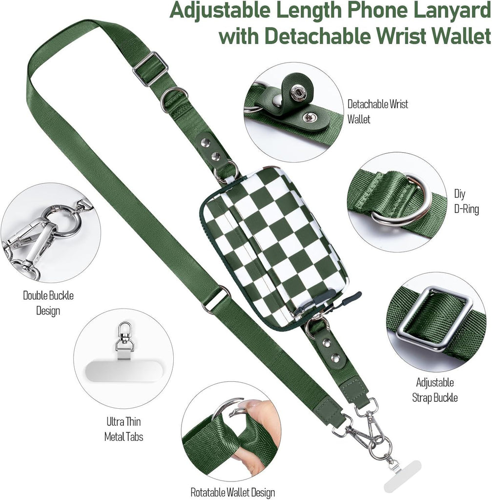 Clip and Go Strap for Phone with Wallet Crossbody Phone Lanyard and Detachable Checkered Bag with ID Window and RFID Pouch for Daily Travel.