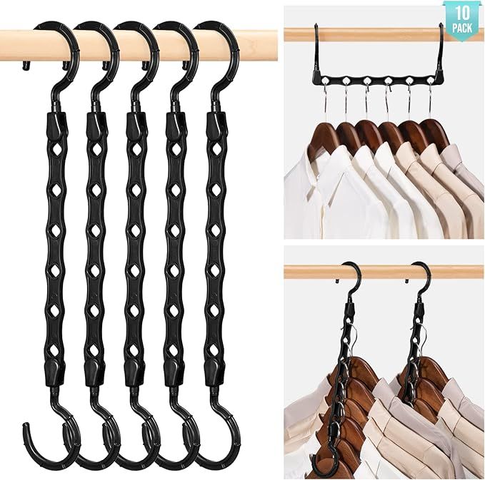 Closet Organizers and Storage, 10 Pack Magic Space Saving Hangers Clothes Hanger with 6 Holes Closet Storage for Heavy Clothes, Home & College Dorm Room Essentials for Girls Guys - Black