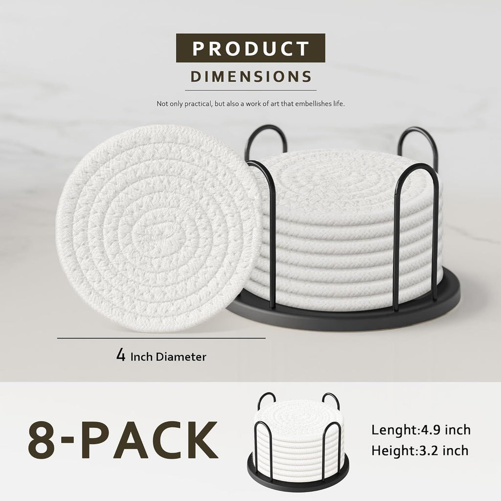 Coasters Set of 8 for Drinks, Beer, Coffee, Cotton Woven Absorbent Coaster with Holder, Boho Coasters for Home Decor Tabletop Protection Suitable for Kinds of Cups, White