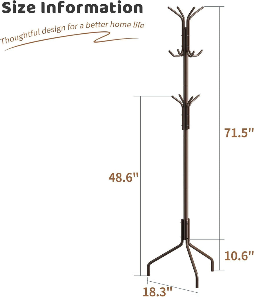 Coat Rack Freestanding Coat Tree Standing Hat Hanger Jacket Organizer Rack Metal,18.3" L x 18.3" W x 71.5" H