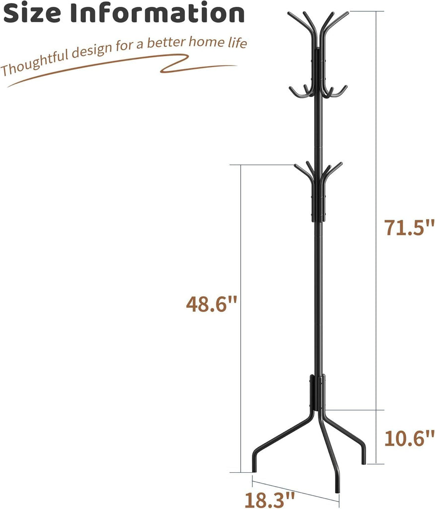 Coat Rack Freestanding Coat Tree Standing Hat Hanger Jacket Organizer Rack Metal,18.3" L x 18.3" W x 71.5" H
