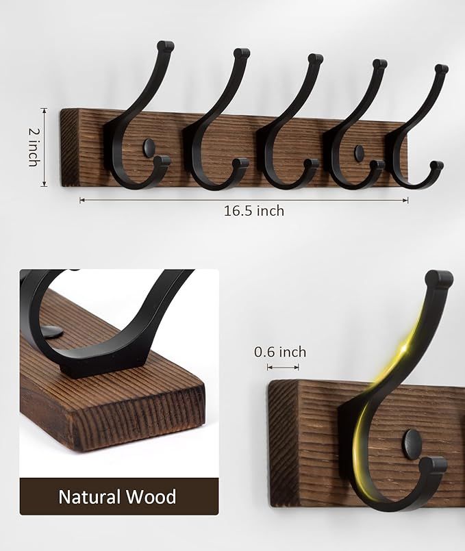 Coat Rack Wall Mount Wood Coat Hooks Wall Mount, Wall Coat Rack with 5 Hooks