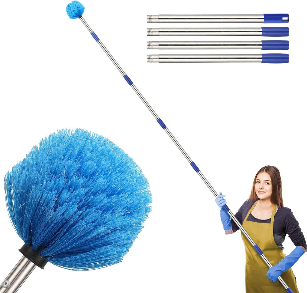 Cobweb Duster with Extension Pole, Medium Stiff Bristles Cobweb Duster Head & 6-Feet Stainless Steel Pole Ceiling Fan Duster for Outdoor Indoor Cleaning