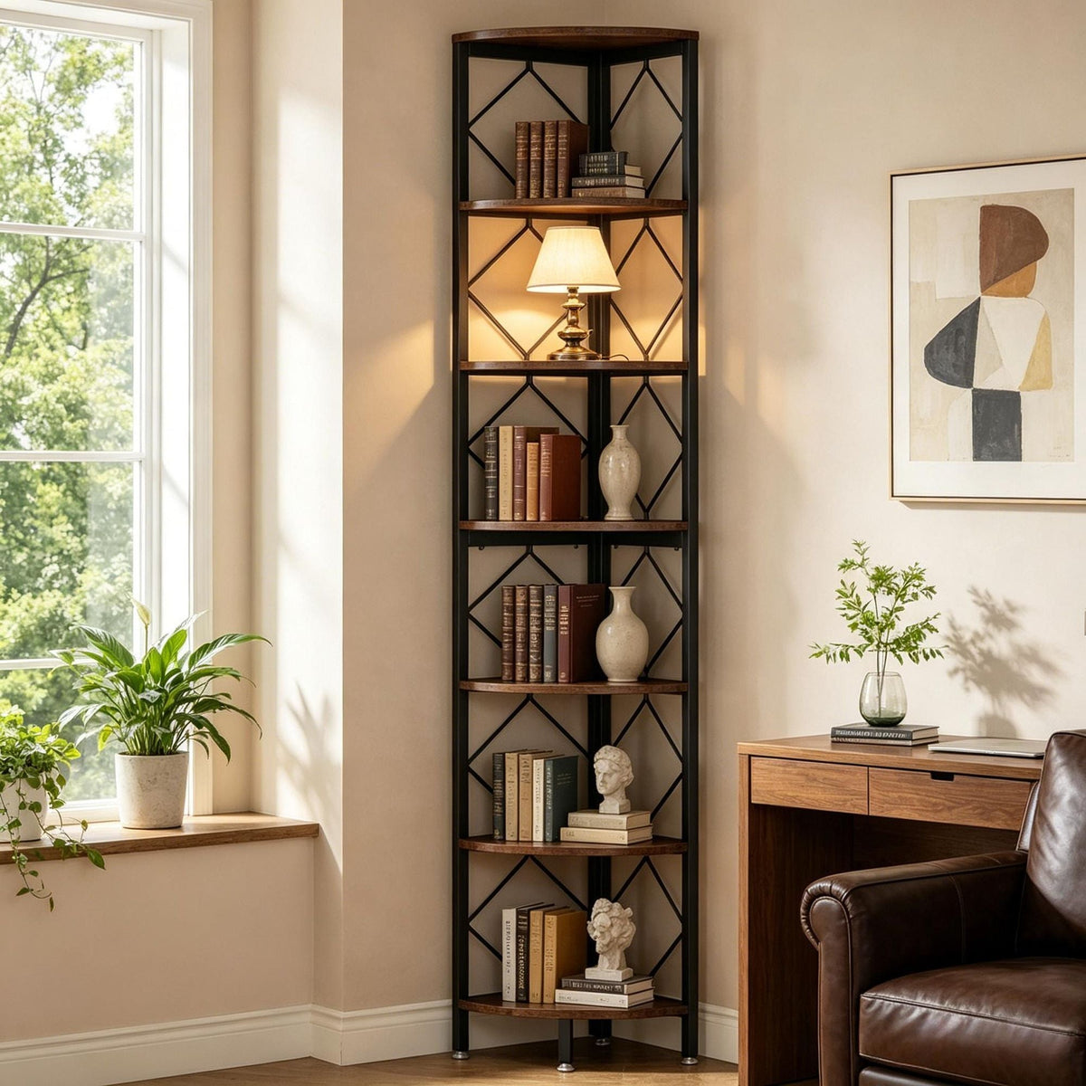 Slim 7-Tier Corner Shelf 78.7 Inch Bookcase Metal Storage Rack for Living Room Bedroom Kitchen Organizer