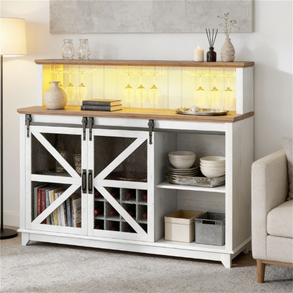 Coffee bar, cabinets, wine cabinets, shelves, white
