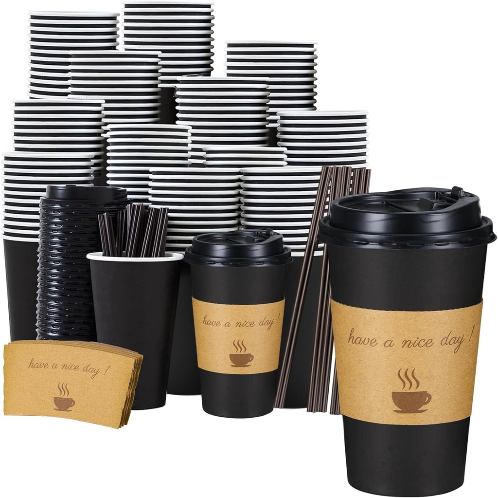 Coffee Cups 50 Pack, Disposable Coffee To Go Cups with Lids, Stir Sticks and Sleeves, 16 oz Black Hot Paper Cup for Home, Travel, Office